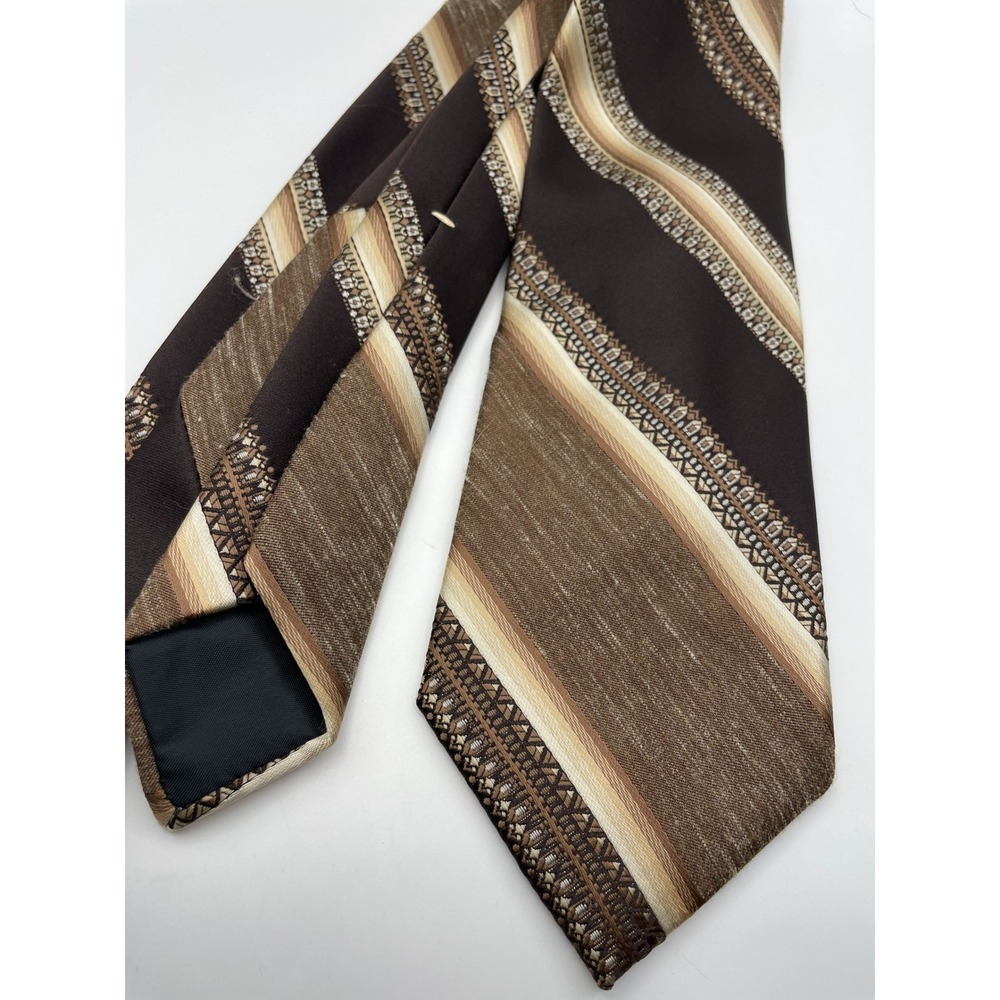 Vintage Wembley Wemlon Brown Tan Geometric Striped Polyester Necktie Wide Retro